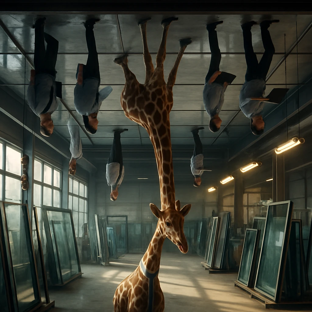 ガラス工場の天井に逆さまに立って働く人々とネクタイをつけたキリンの姿。