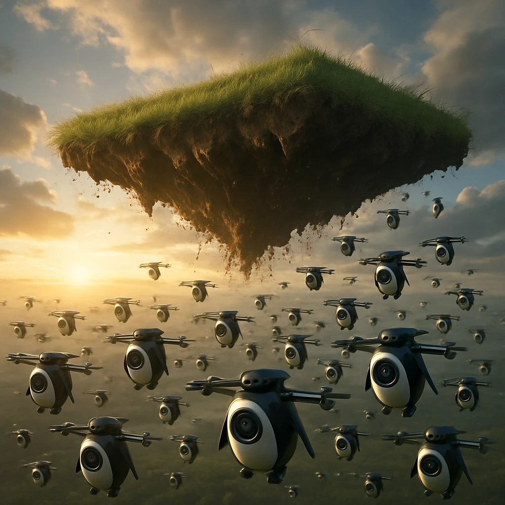 宙に浮かぶ広大な草原の下で、群れをなしてホバリングするペンギン型カメラロボットたちの現実的な風景。