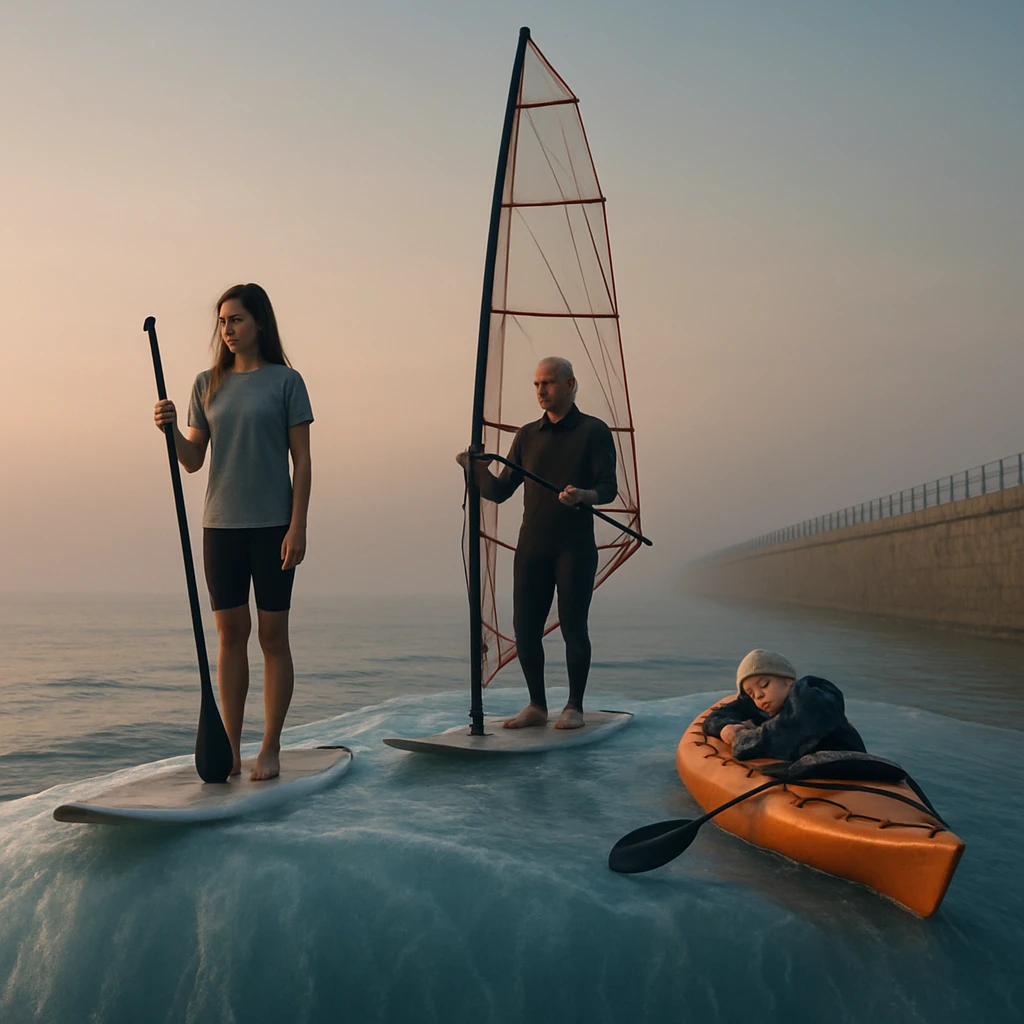 黎明の堤防沿い、巨大な動かない波の上で多様な参加者たちが静かにバランスを取っている様子。