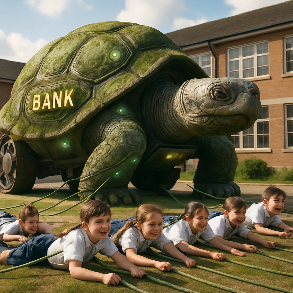 巨大なカメ型銀行車両の前で、生糸のケーブルでつながれた小学生たちがうつ伏せになっている様子。