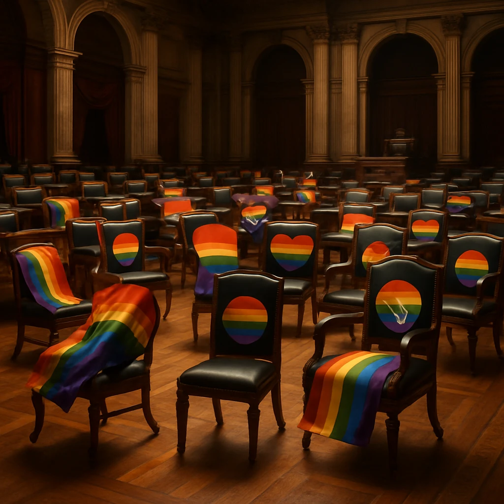 国会議事堂内の華やかな椅子がレインボーフラッグやLGBTQ+シンボルをまとって行進している様子のリアルな写真風描写。