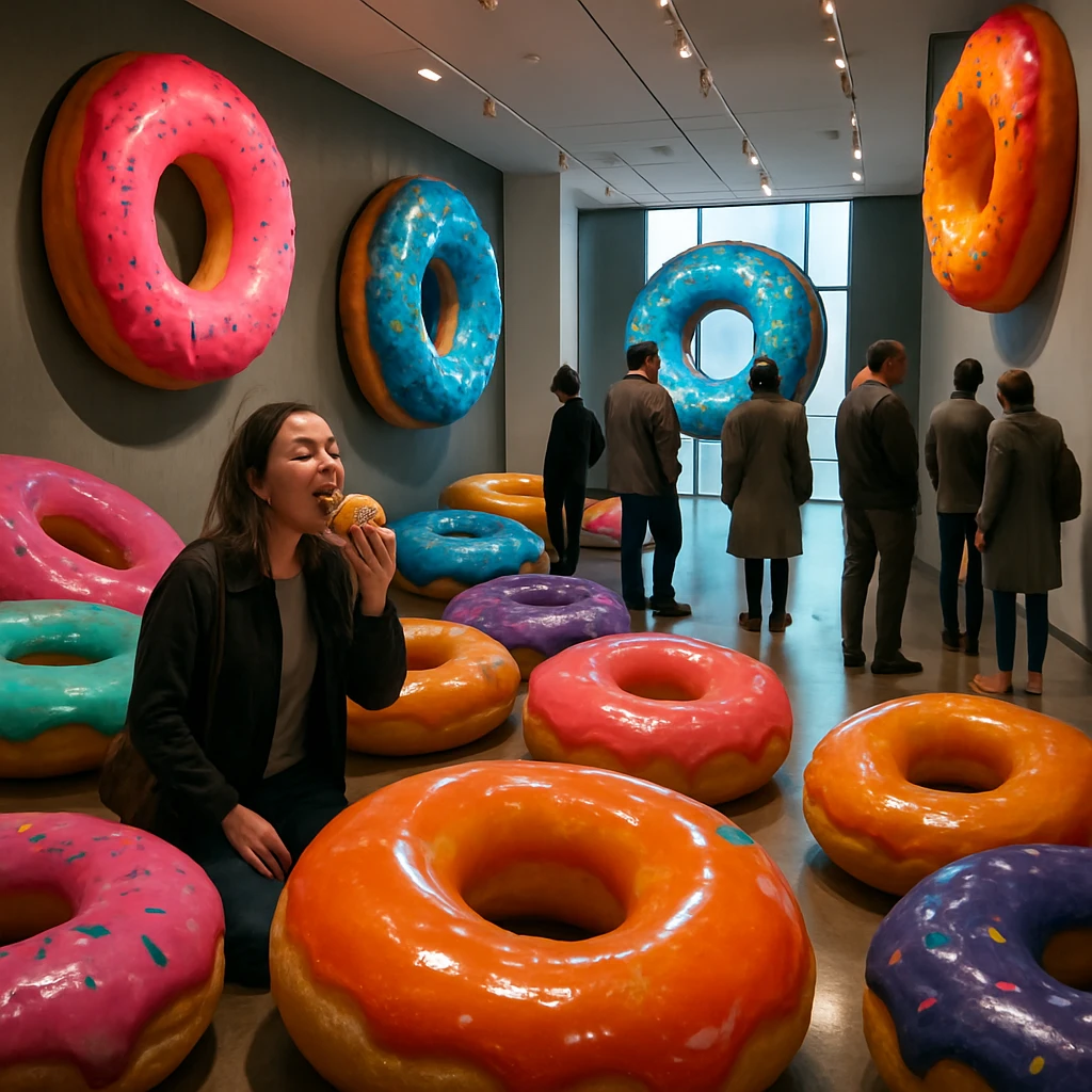 美術館内で巨大なカラフルドーナツ型アートが床や壁に溢れ、驚いた来館者たちがその中を歩きながら一部はドーナツを食べている様子。