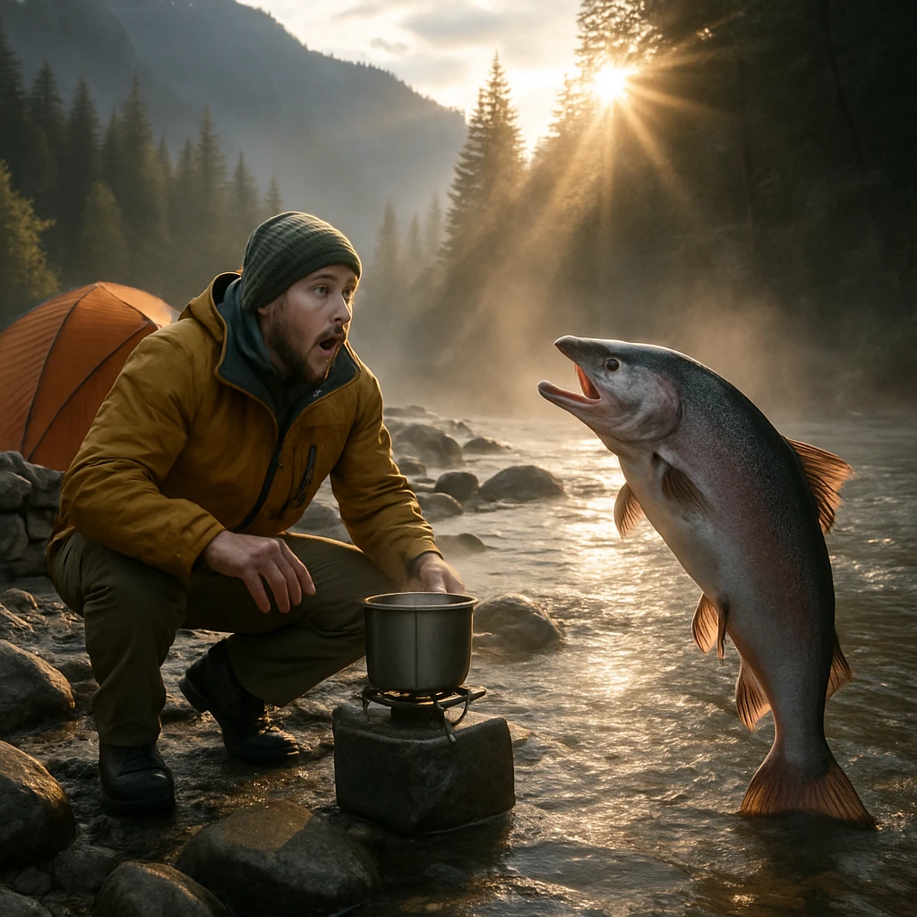 川辺のキャンプ場でキャンプ用具のそばにしゃがむ男性が、立ち上がって講義しているような鮭と向き合っている様子。