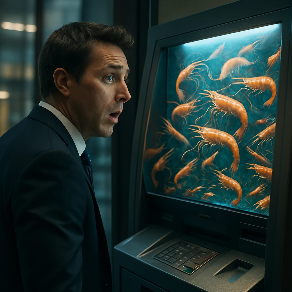 ATM画面にリアルな海老の大群が泳ぎ跳ねているのを驚いた表情で見つめるスーツ姿の男性の写真風画像。