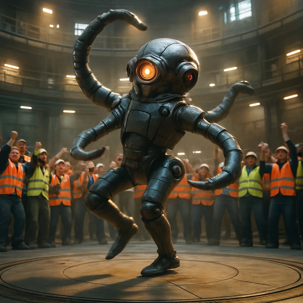 巨大なタコ型ロボットが円形の発電所内でダンスを踊っている様子をリアルに描いた写真。