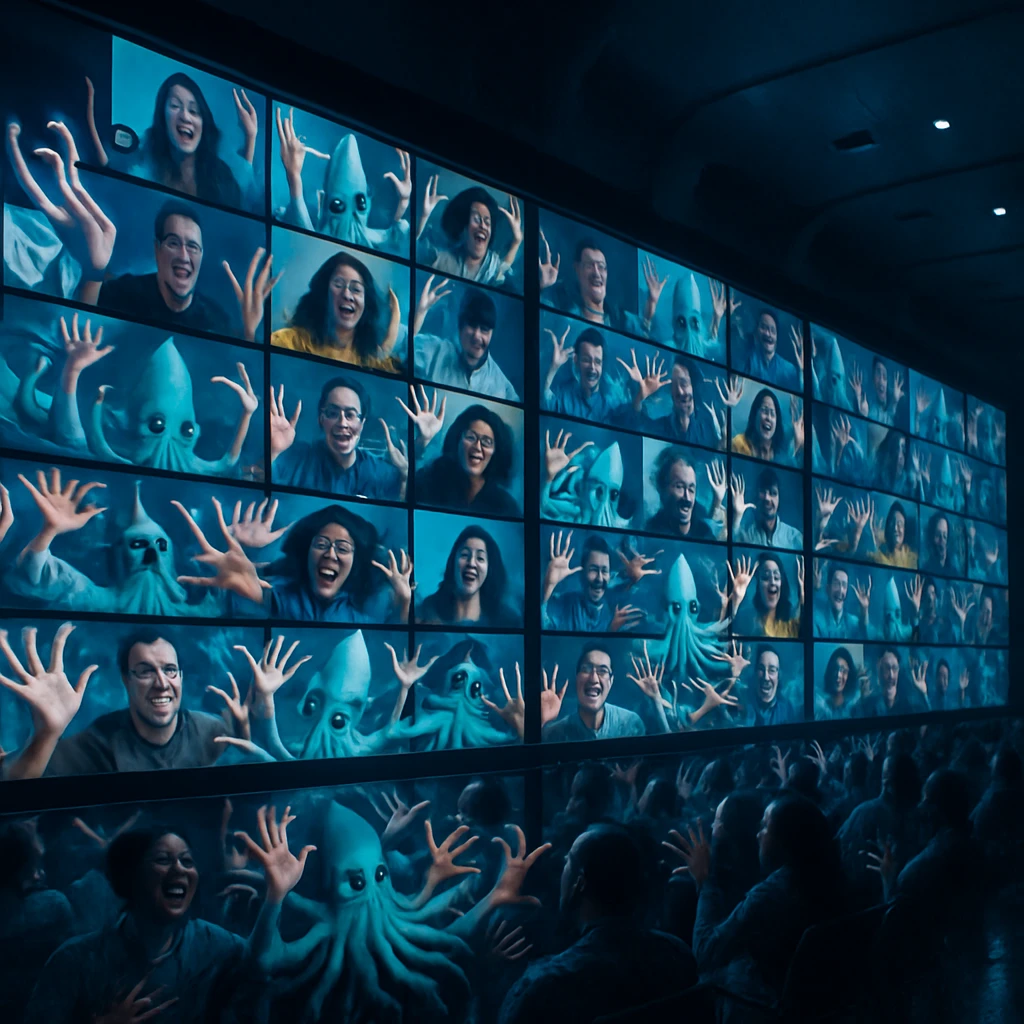 巨大なデジタルスクリーンに多数の参加者とイカ型AIアバターが8本の腕でブレイクダンスを披露する、青い光に満ちたリモート会場の様子。