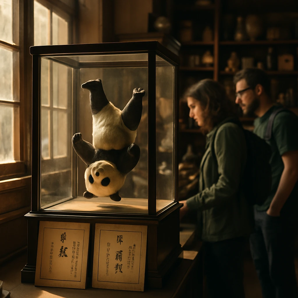 アンティーク店のガラスケースに逆さまのパンダ置物が展示され、周囲に古い証書や好奇心旺盛な客が写っている写真。