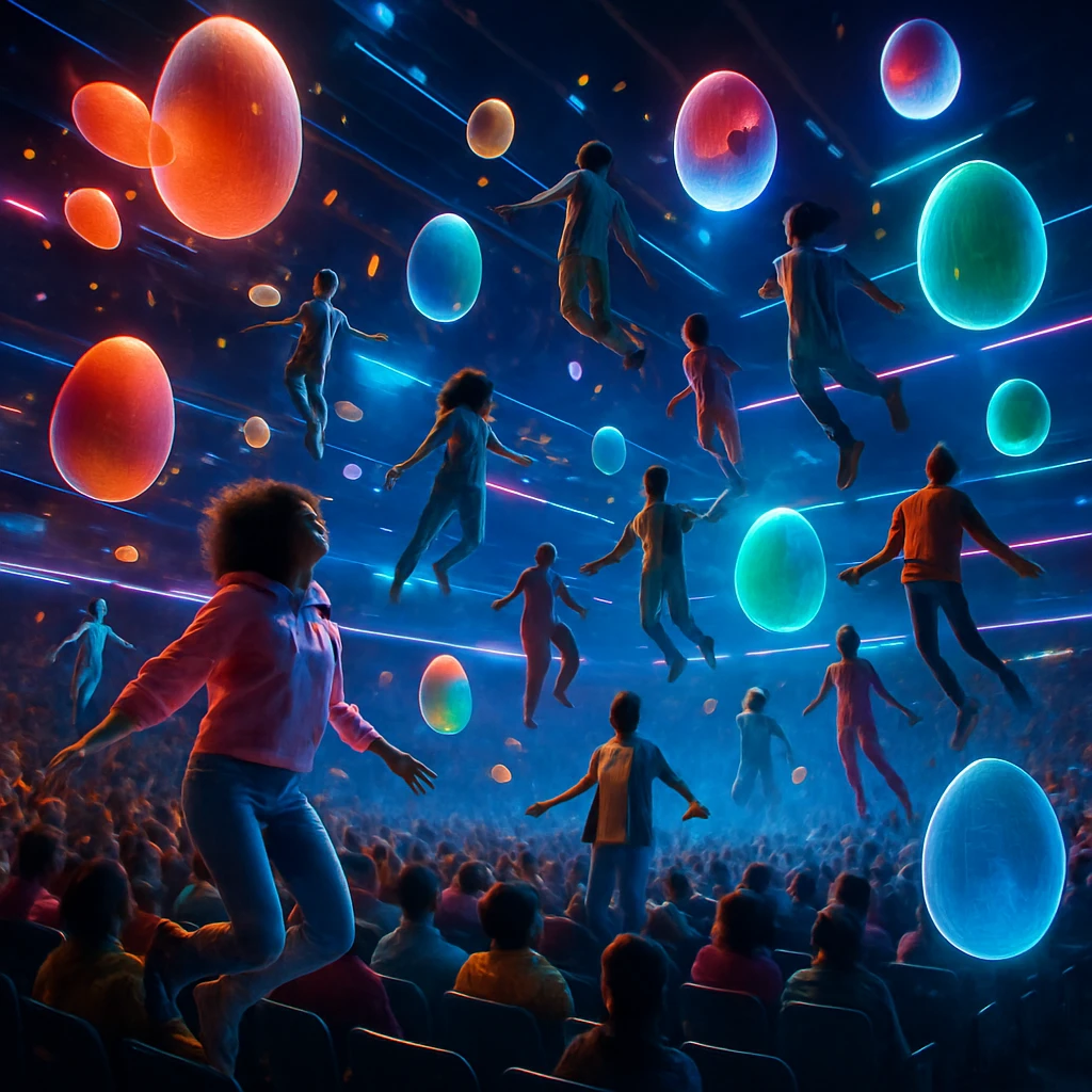 ホログラムのたまごや観客アバターが無重力で浮かぶ壮大なバーチャル競技場の写真。