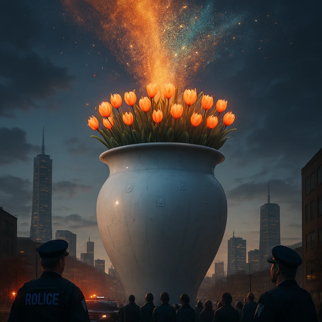 巨大な陶器製植木鉢から電子チューリップがあふれ、花粉のような光の粒子が都市の上空に拡散している写真風イメージ。