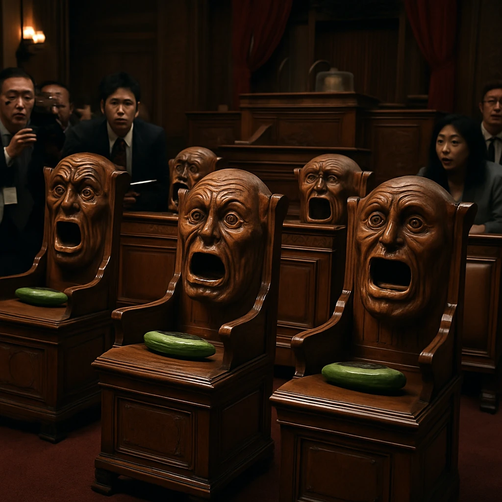 日本の国会議事堂の中央に並ぶ、顔が彫られた伝統的な木製ベンチ五脚が、口を開いて話している様子と、その座面に置かれたきゅうり、驚く記者たちの姿。