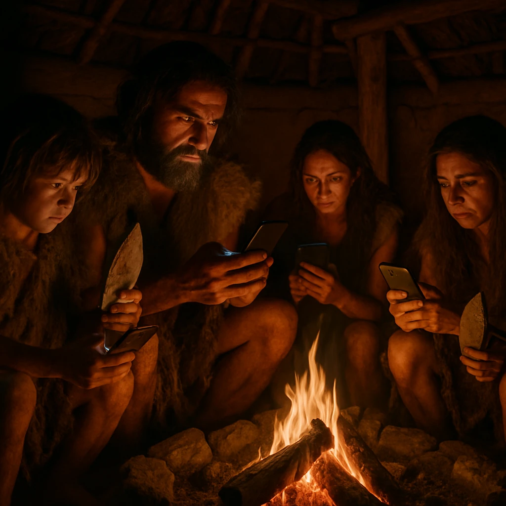 縄文式住居の中で、原始人の格好をした人々が焚き火を囲み、スマートフォンや石器を手にしている様子。