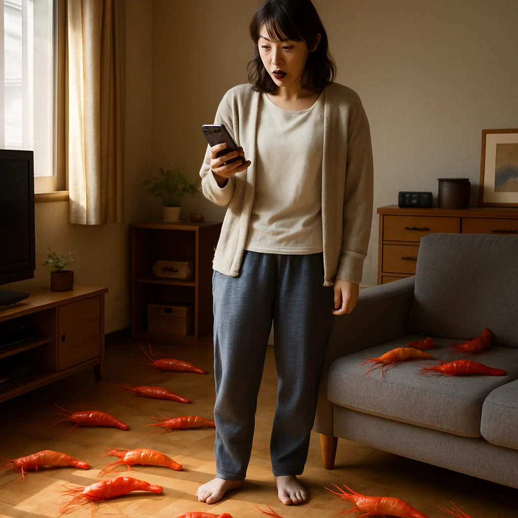 日本のリビングルームにリアルなエビの玩具が床やソファに複数出現し、驚いた女性がスマートフォンを手に見つめている様子。