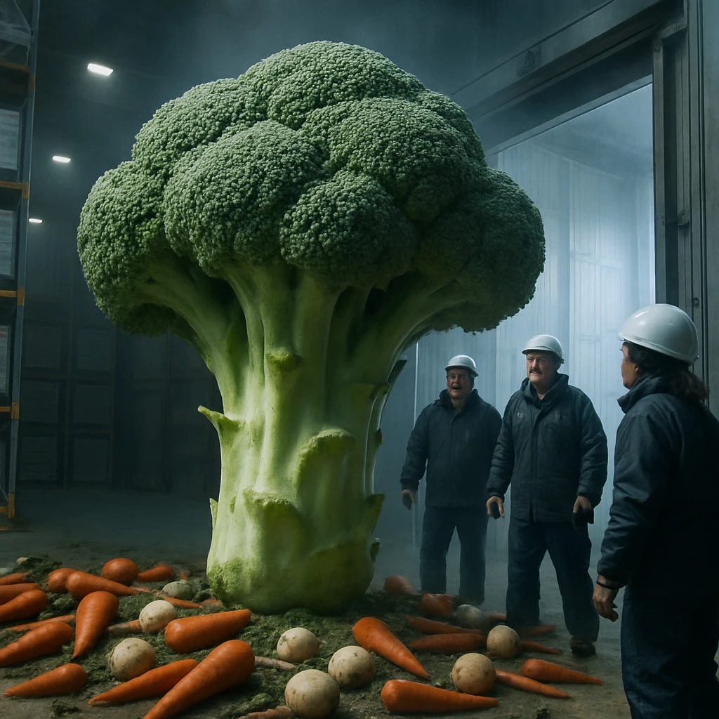 冷蔵倉庫内で巨大なブロッコリーが立ち、周囲ににんじんやカブが集まっている場面。