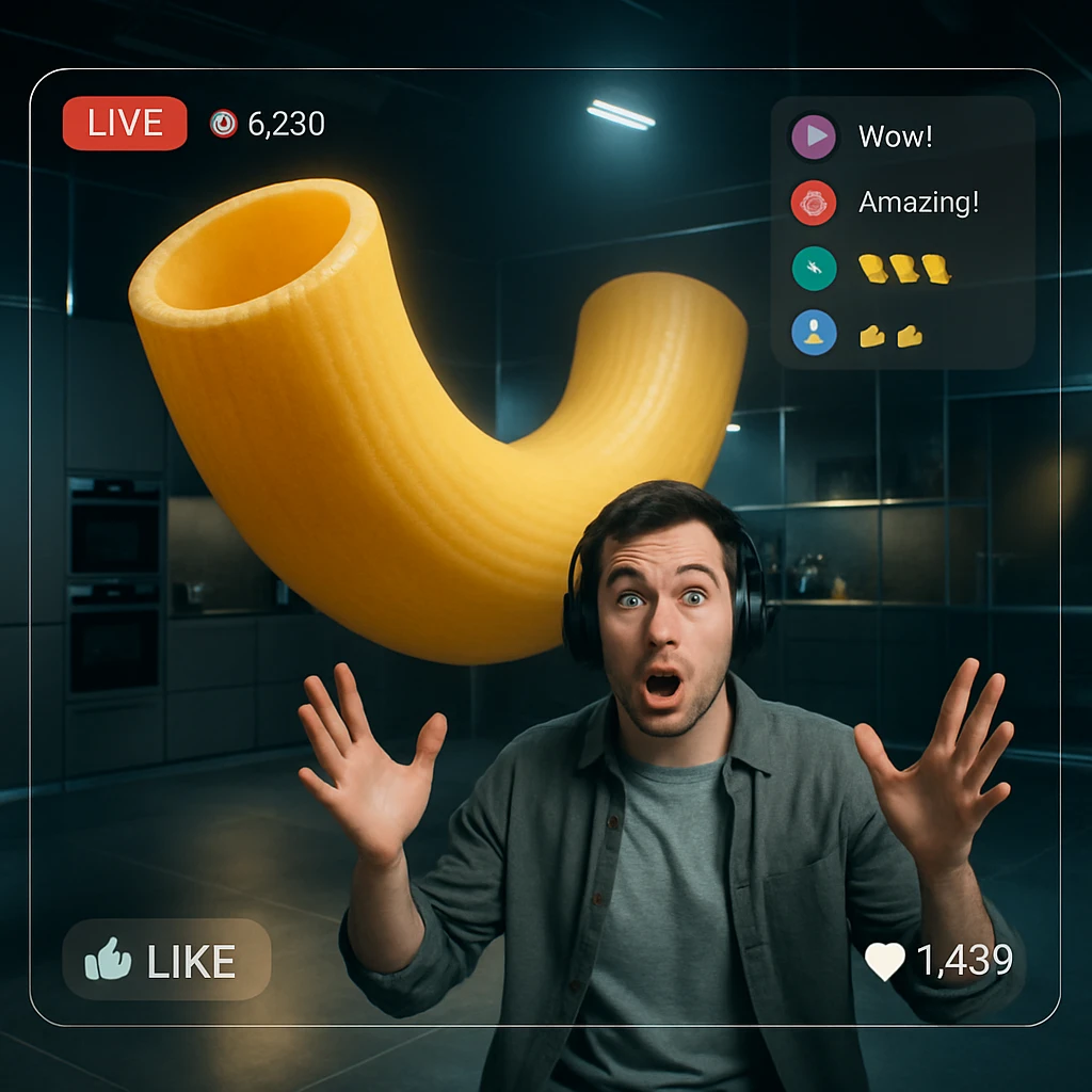 バーチャルキッチンスタジオの中央に巨大なマカロニが回転し、驚いた表情の配信ホストが手前にいる様子。