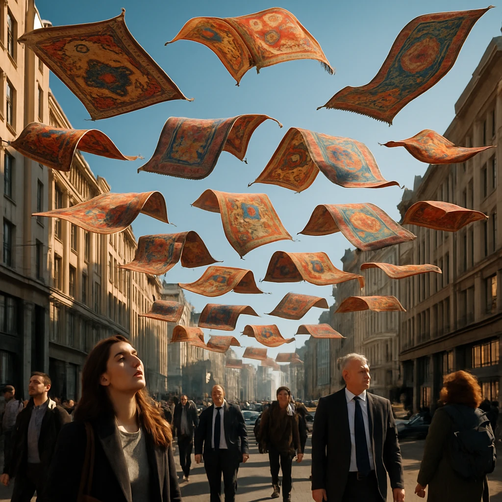 多くのカラフルなカーペットが市街地の上空を浮遊し、人々が驚きながら見上げている写真。