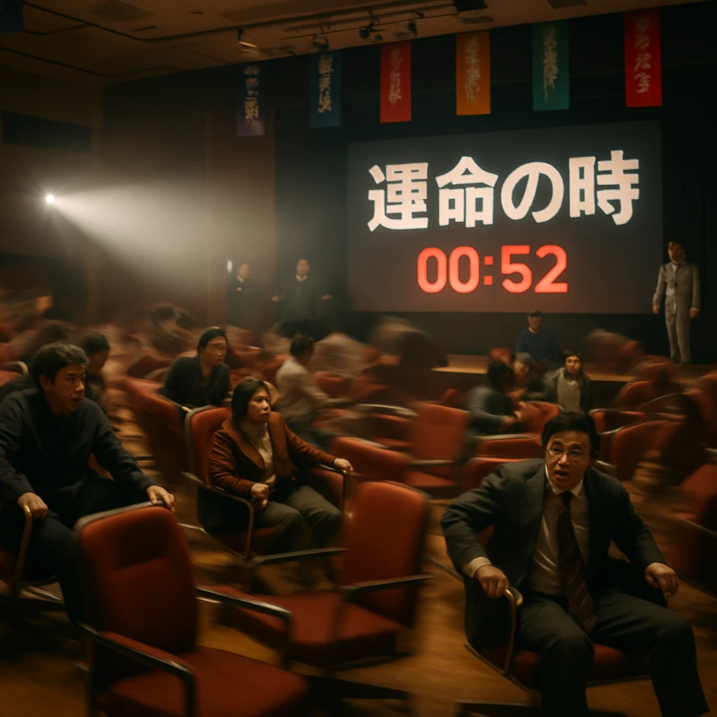 イベントホール内で観客が座ったままの椅子が自走して走り回り、会場が混乱状態になっている様子。