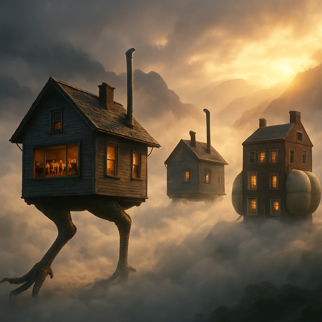 雲海の中を脚や浮き袋など奇抜な装備をまとった家々がパレードのように進んでいる様子。