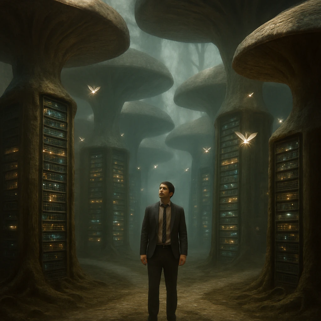 巨大なきのこ型の迷宮状データセンター内部で、妖精が舞い、困惑した管理者が立ち尽くしている様子。