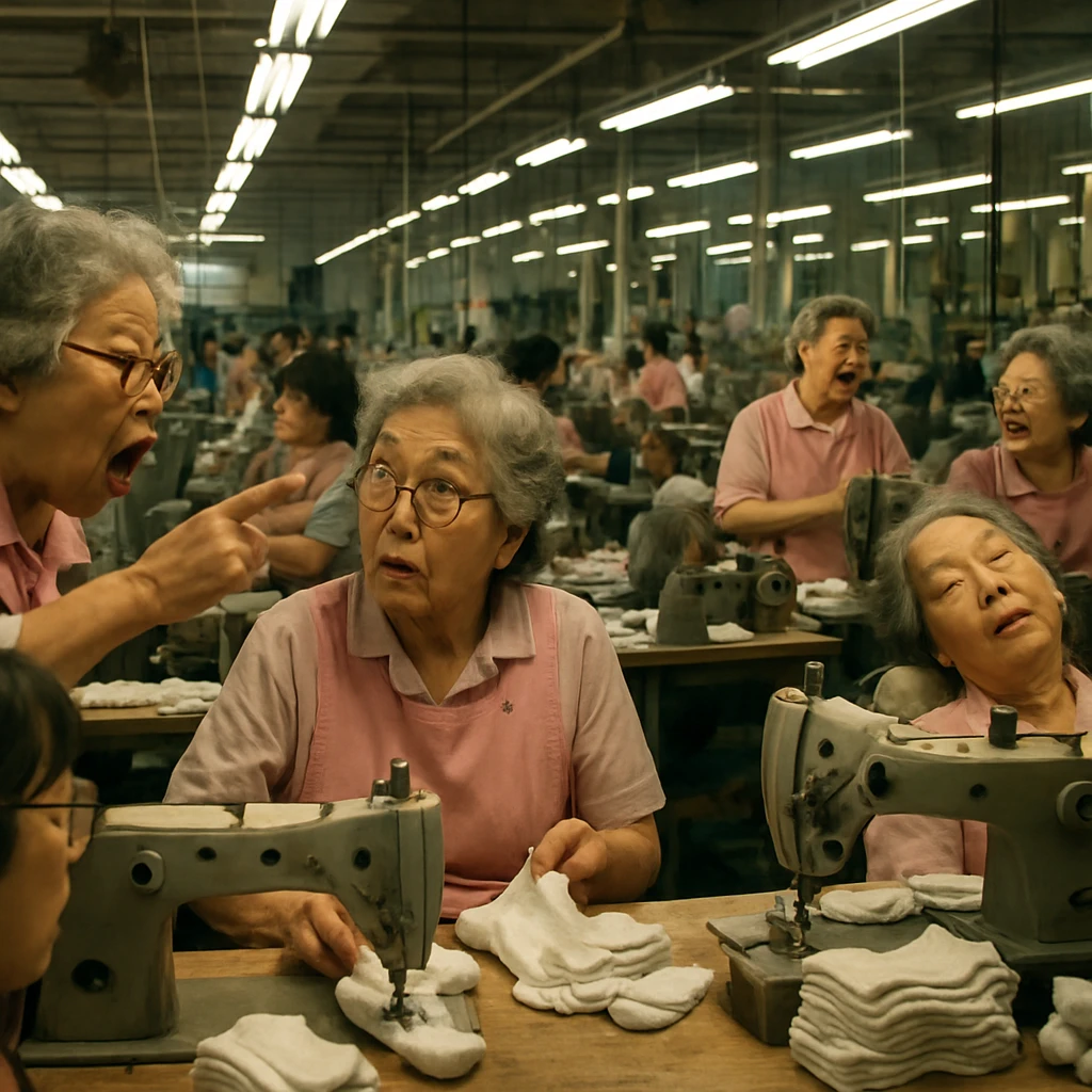 靴下工場の作業場で、ピンクの割烹着を着たおばあさんたちの分身AIが大量にミシン作業や会話、昼寝など多様な行動をしているリアルな様子。