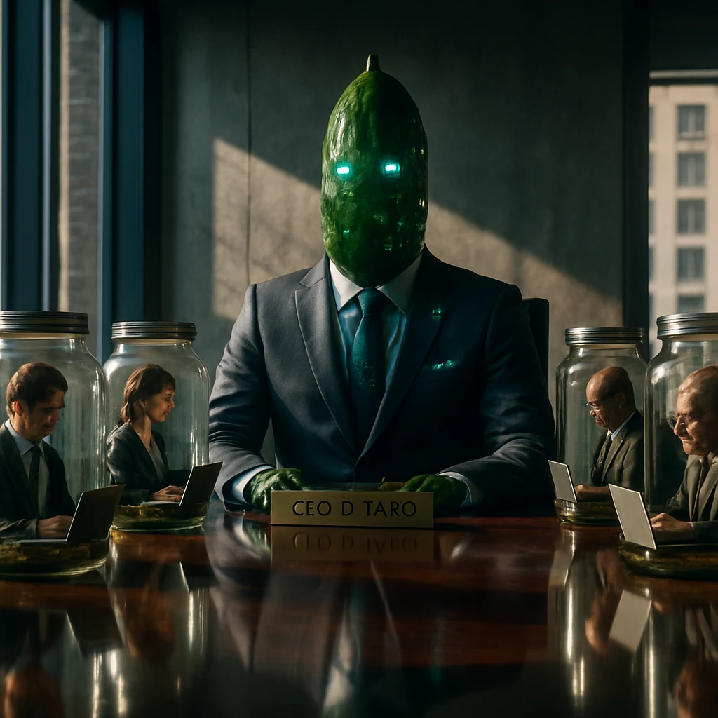 大きなスーツ姿のAIキュウリが社長席に座り、会議室には漬物になった社員が瓶詰めで並んでいる様子。