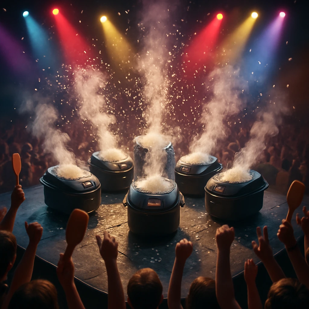 コンサート会場のステージ上で6台の炊飯器が盛大にご飯粒を空中に飛ばし、カラフルなライトが照らしている様子。