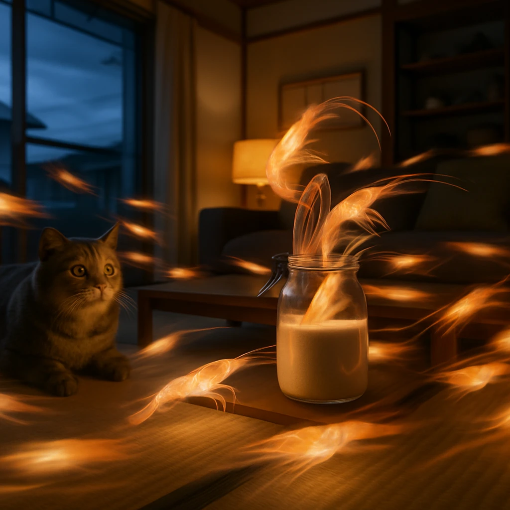 リビングの床や家具の周囲を光るエビ型ホログラムが高速で駆け巡り、テーブルの砂糖壺に飛び込む様子と、驚いた表情の猫がカーペットの上で見守っている場面。