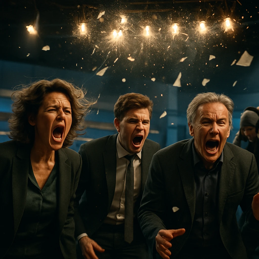 ドラマの撮影現場で叫ぶ俳優たちと、防音スーツ姿で耳を守るスタッフ、割れる豆電球や飛び散る小道具が映る臨場感ある写真。