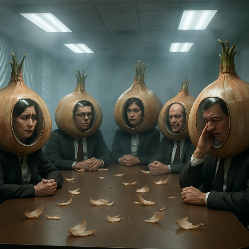 巨大な玉ねぎ型スーツを着た社員たちが涙目で会議テーブルを囲んでいるオフィスの様子。