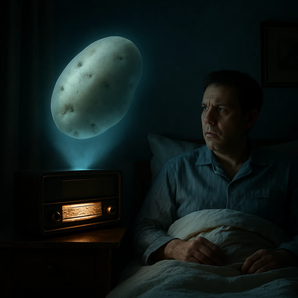 薄暗い寝室で、ベッド脇のラジオからじゃがいもの幻影が浮かび上がり、困惑した表情の人物がベッドで横たわっている様子。