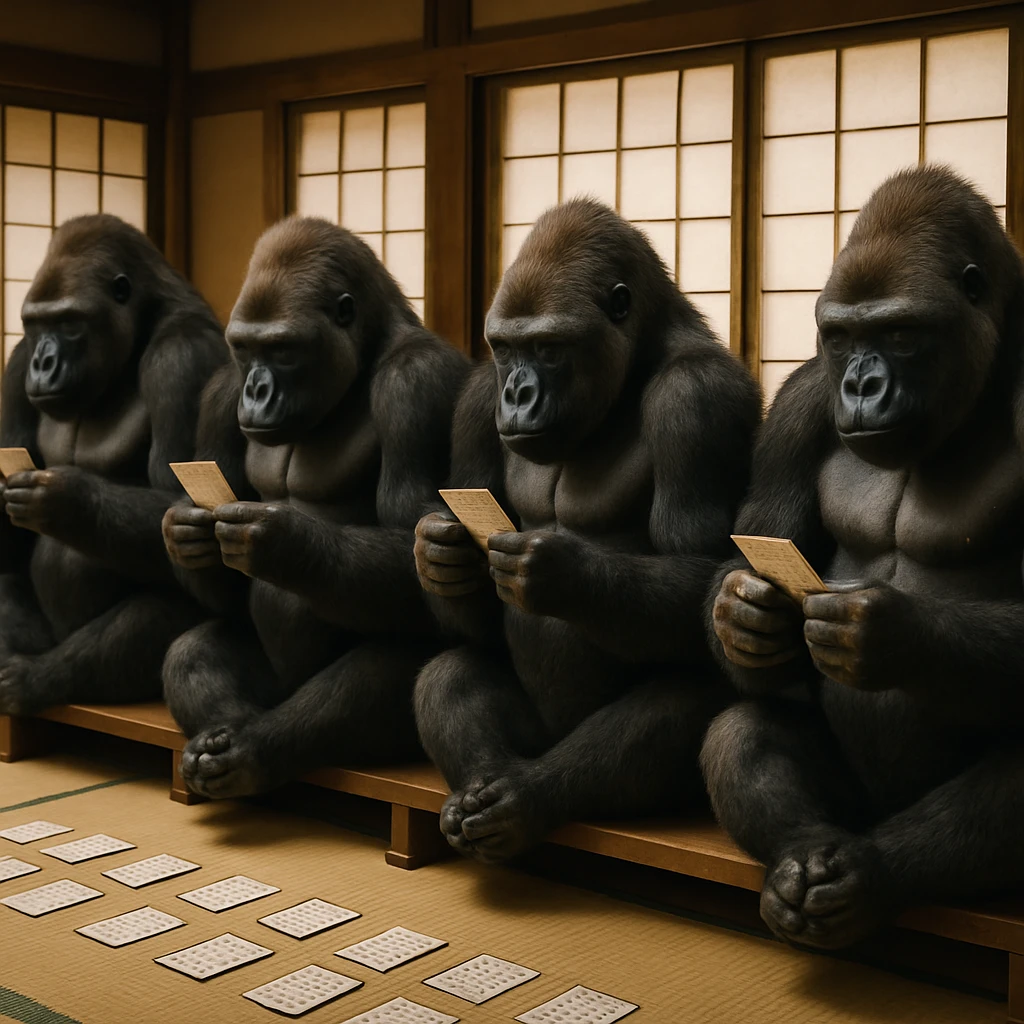 日本の観光案内所の畳の上で、正座して百人一首かるたを楽しむゴリラたちの様子。
