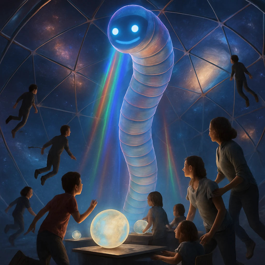 無重力空間に浮かぶ子どもや保護者、巨大なホログラムAIが現れる教室の写真風画像。