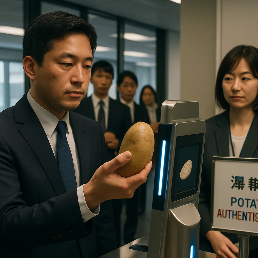 スーツ姿のビジネスパーソンがオフィスのセキュリティ端末にじゃがいもをかざして認証を受けている様子。