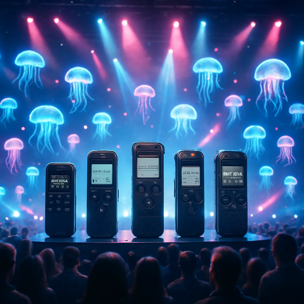 光るクラゲ型バーチャルキャラクターと様々なICレコーダーがステージに並ぶライブイベントの様子を写したリアルな写真。