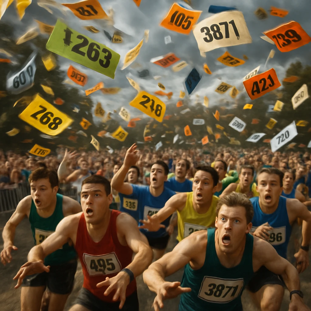 色とりどりのゼッケンが空中を舞い、参加者たちが必死に自分のゼッケンを追いかけているマラソンのスタート地点の様子。