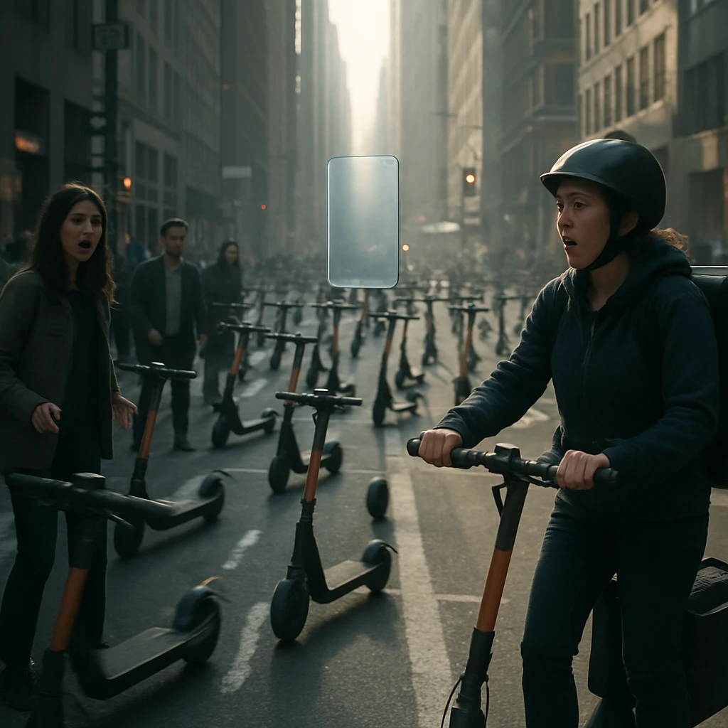 駅前の道路を無人の電動キックボードが走り抜ける中、配達員や通行人が驚いた表情でそれを見つめている朝の都市風景。