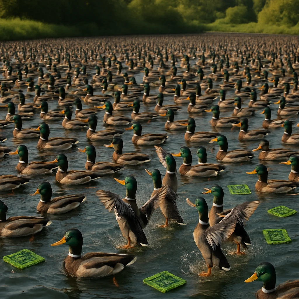 デジタルタグをつけた約900羽のアヒルが池の水面で集団ダンスをしているリアルな写真風画像。