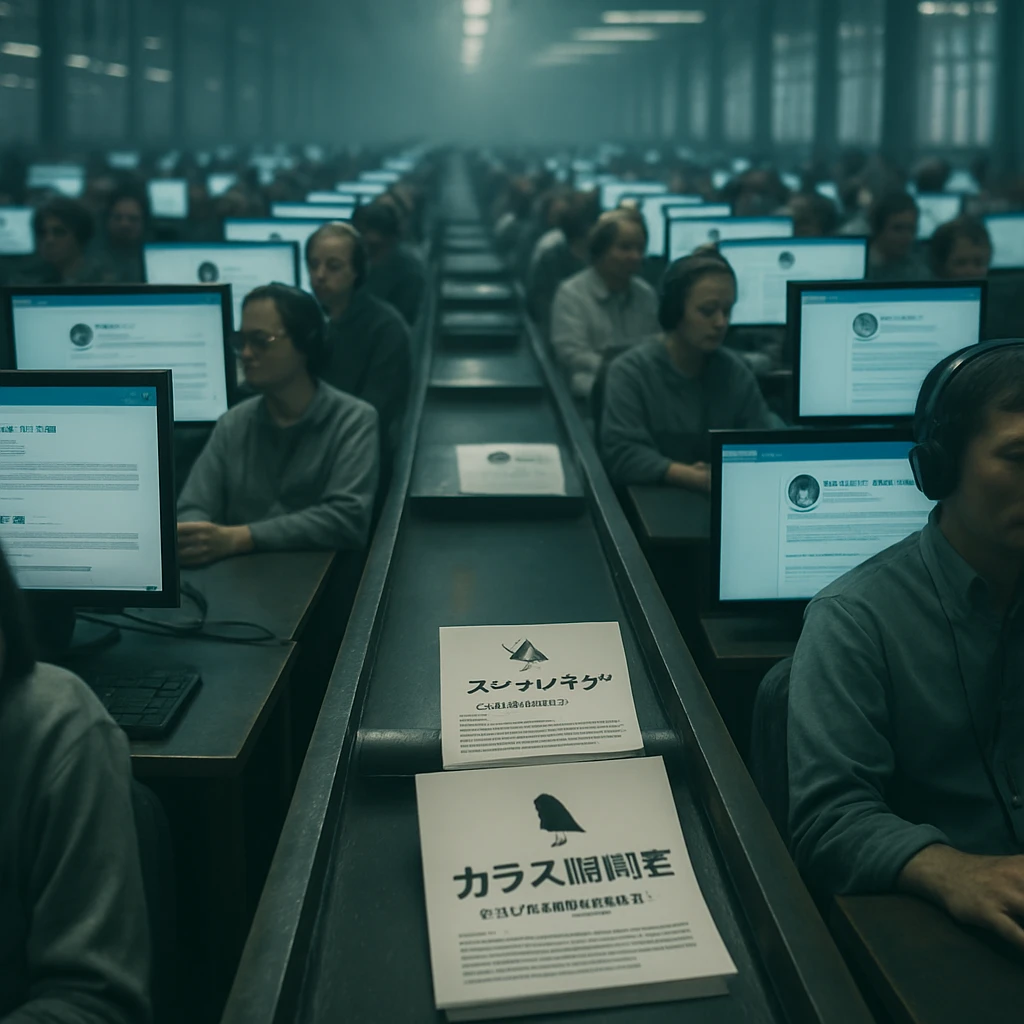 近未来的なオフィス工場で多数のモニターに同じプロフィール文が映し出され、ベルトコンベアには奇抜な自己紹介文が流れている様子。