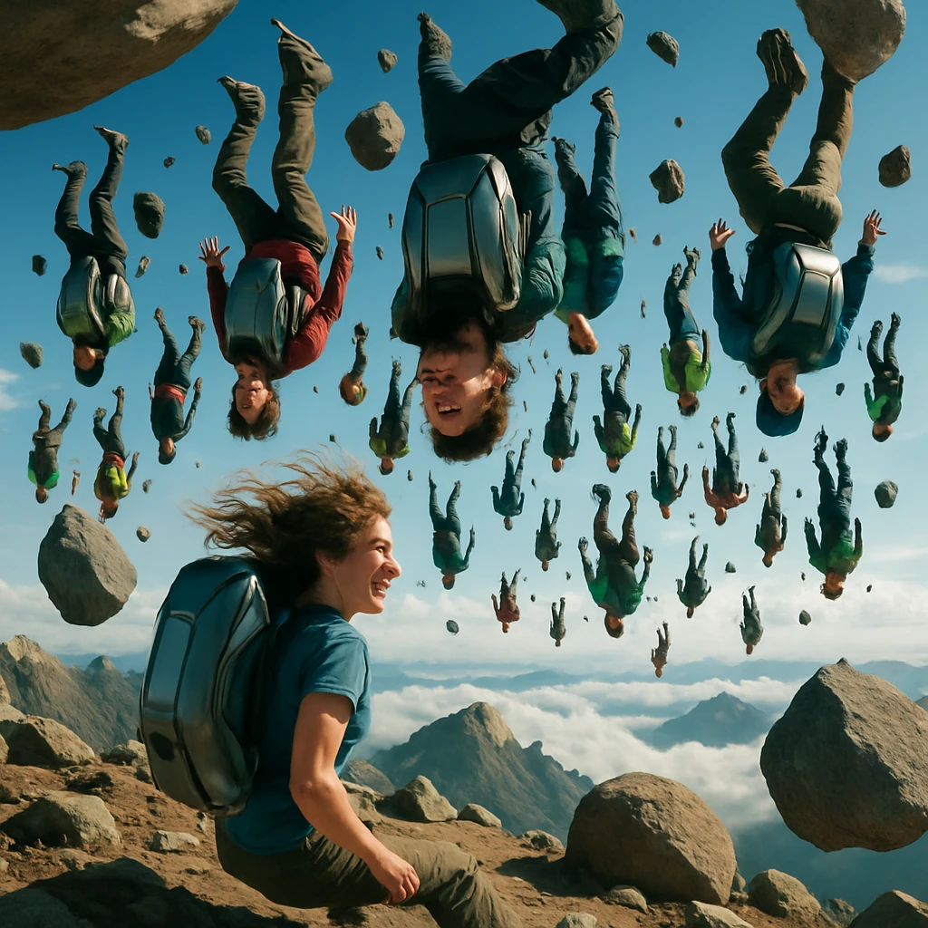 山頂で登山者たちが上下逆さまに空中浮遊し、軽量リュックや岩も一緒に空中に浮かんでいる様子の写真風画像。