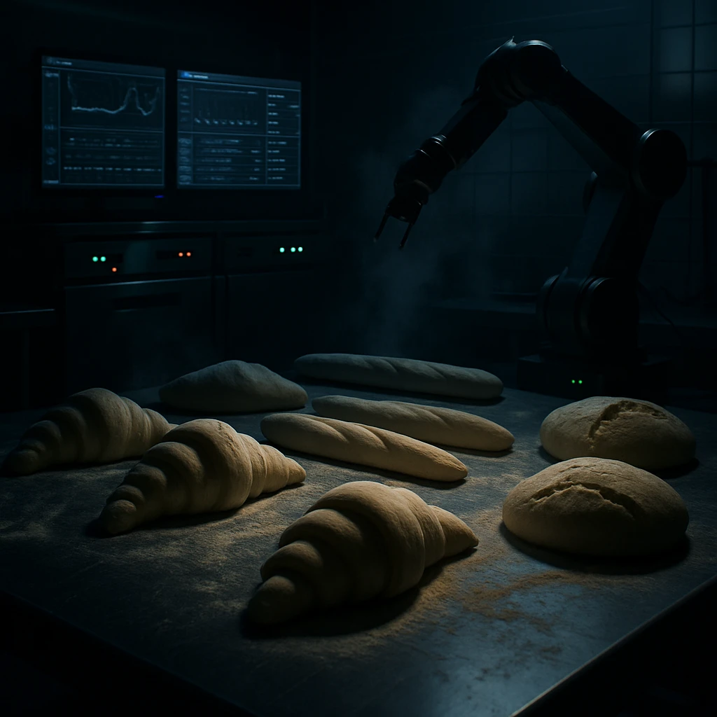 真夜中の近未来的な製パンラボで、さまざまなパン生地とロボットアームが会議をしているように並ぶ様子。