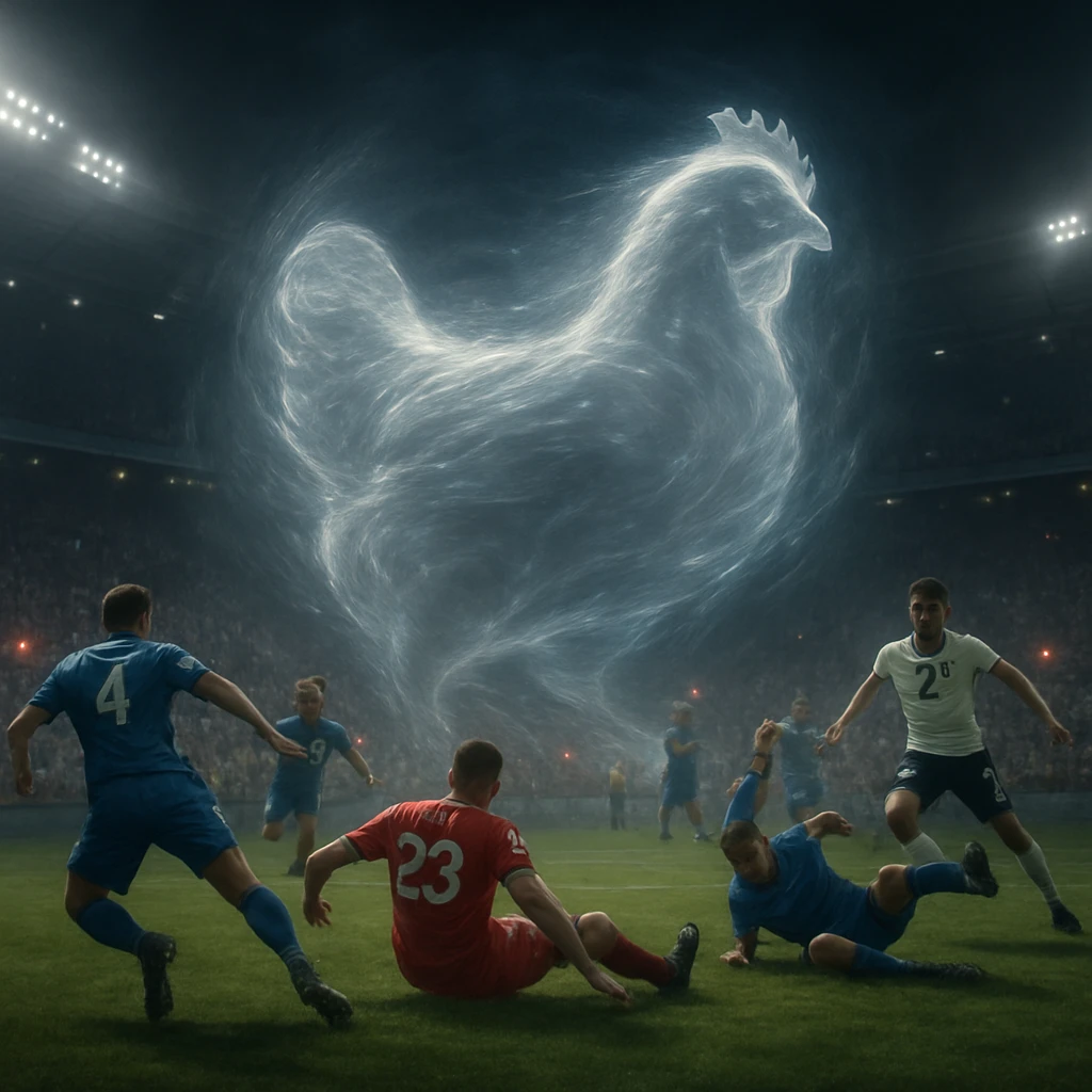 サッカーの試合中、選手たちが見えない何かに激突し転んでいる様子と、微かに歪む空気で巨大な透明ニワトリの形がうっすら浮かぶスタジアム中央の情景。