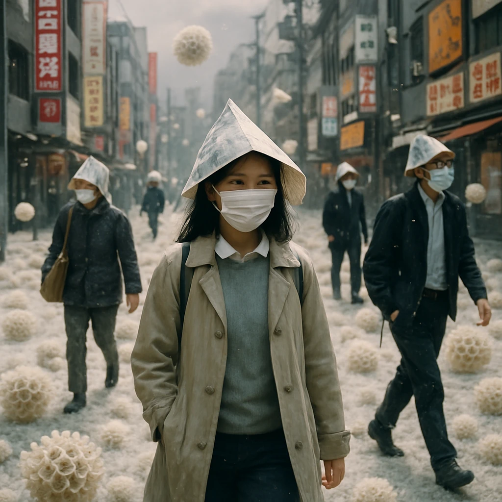 花粉が混じった白い雪が積もる都市の通りに、マスクや新聞紙で顔を覆った人々が歩いている光景。