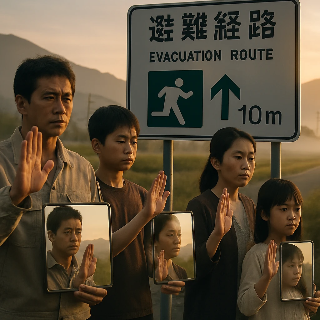 屋外の避難路看板の前で、鏡を持ちながら鏡像の動きを真似する家族の様子。