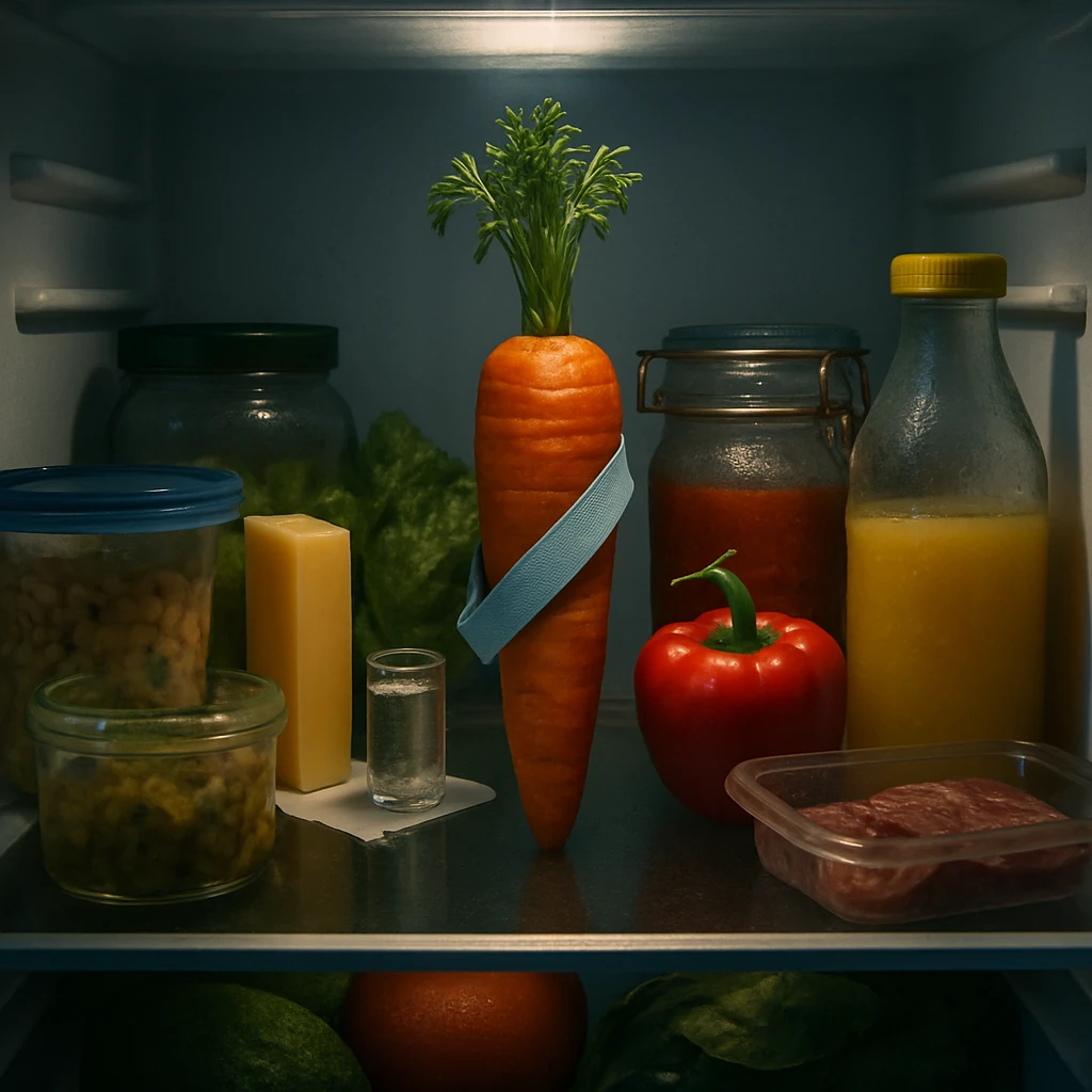 シェアハウスの冷蔵庫の中で、紙のタスキをかけたニンジンが中央に立つ、食材たちが会議をしているような様子の写真風画像。