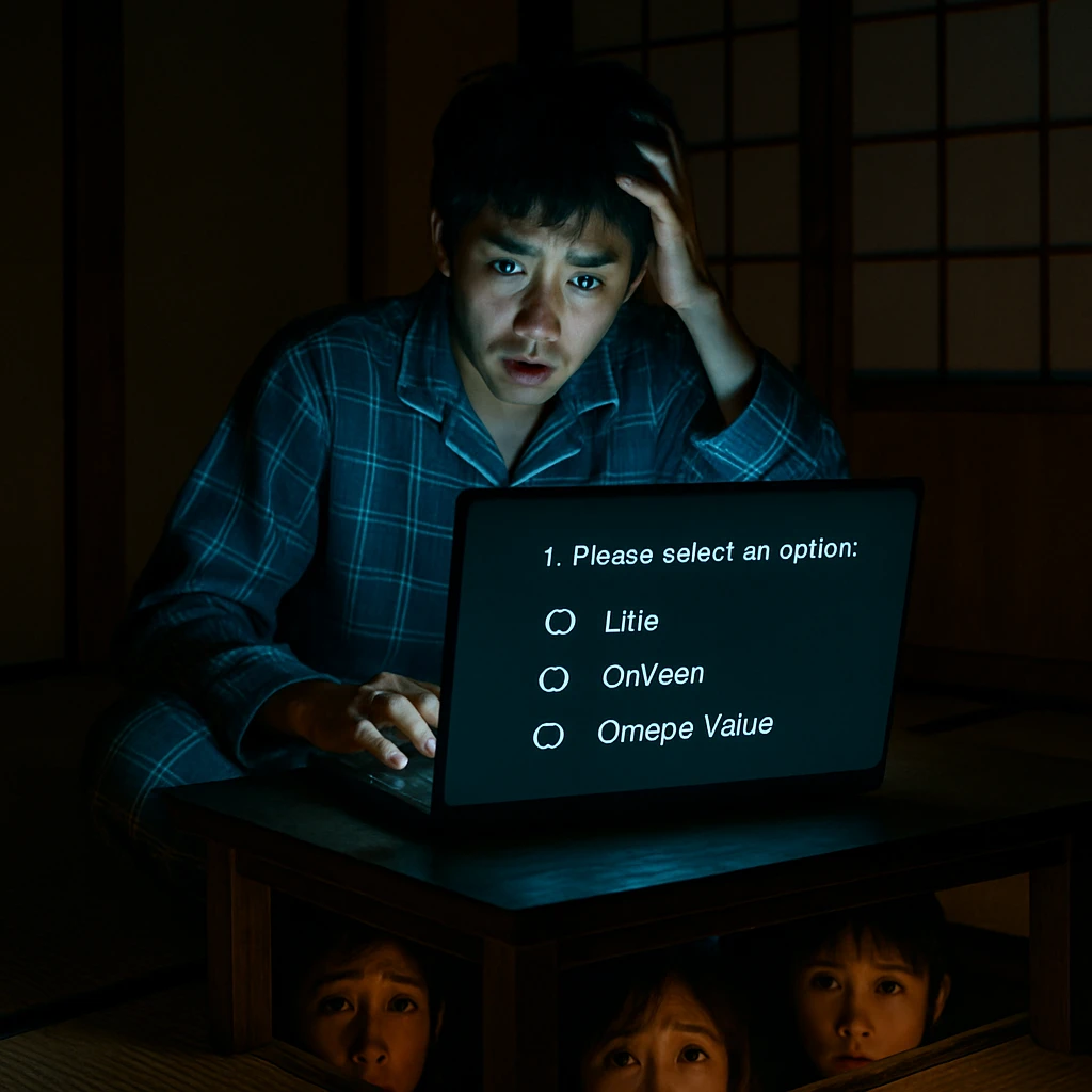 深夜、畳のある和室でパジャマ姿の高校生がノートパソコンの異様な質問画面を見て困惑し、家族が畳の陰から不安げに覗いている様子。