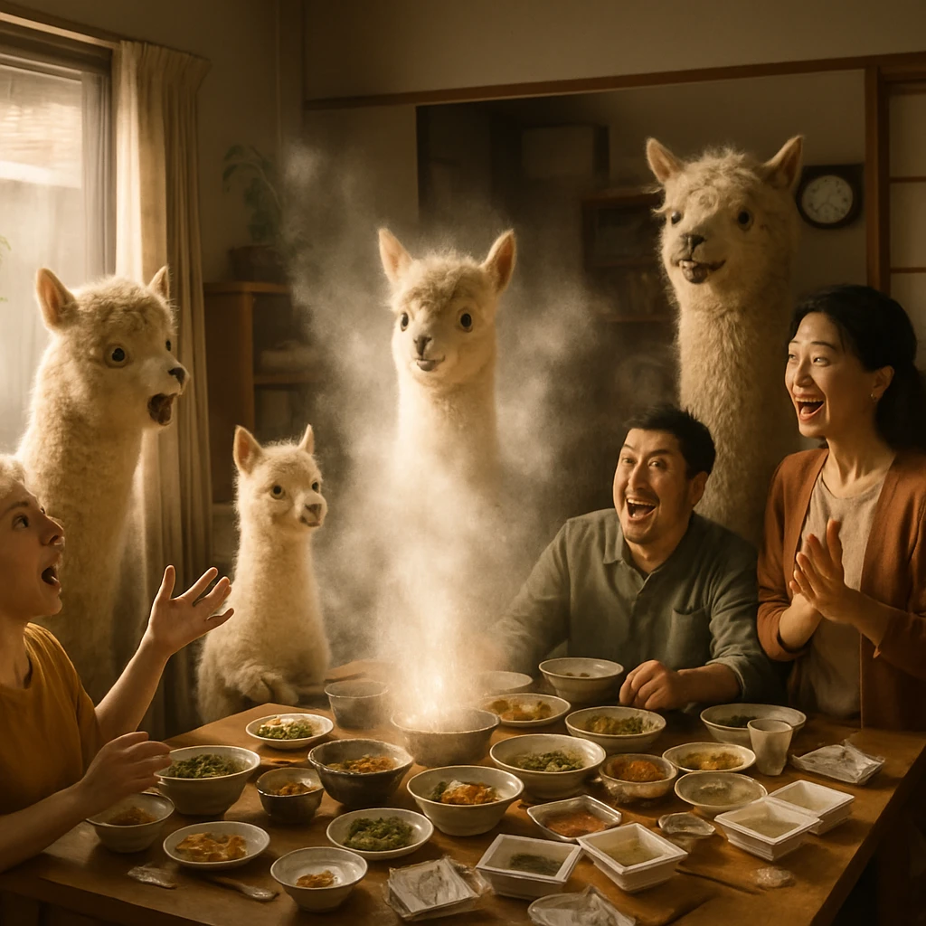現代的な日本のリビングで、笑顔のアルパカ顔の家族が食卓を囲み、中央で新しい家族が分裂して生まれる瞬間が描かれた写真風の一場面。