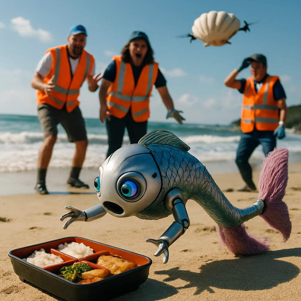 砂浜で弁当に突進する人魚型ロボットを、驚いたボランティアとホタテ帽子ドローンが見守る様子の写真。