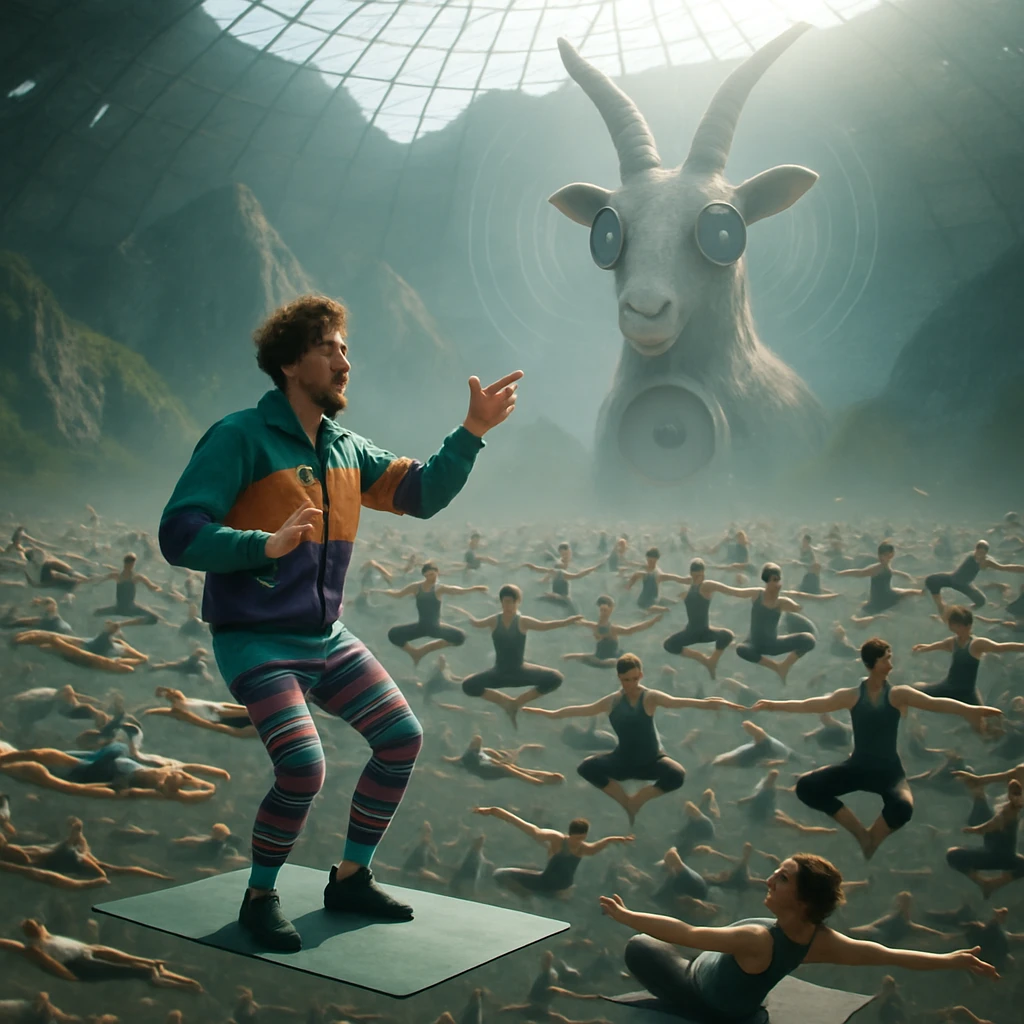 巨大な山岳ドームの中で多数の人々が空中でヨガのポーズを取りながら浮遊している写真風イメージ。