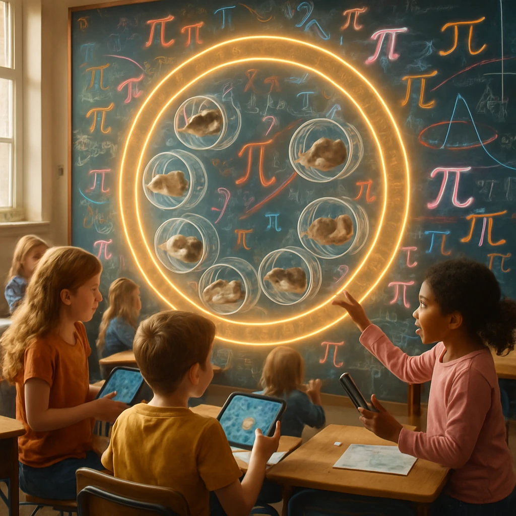 教室中央に巨大なバーチャル黒板の円環と透明なケージで走る多数のハムスター、タブレットを持つ児童たちが周囲で驚いた様子で見つめる写真風の光景。