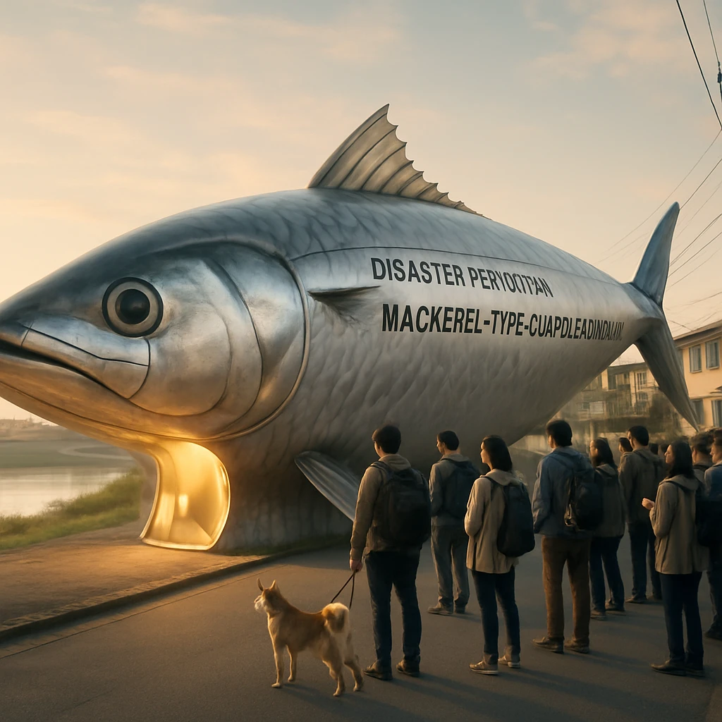 多摩川沿いの住宅街に巨大なサバ型シェルターが着陸し、住民たちがペットや荷物とともにサバの口の出入り口に列を作っている様子。