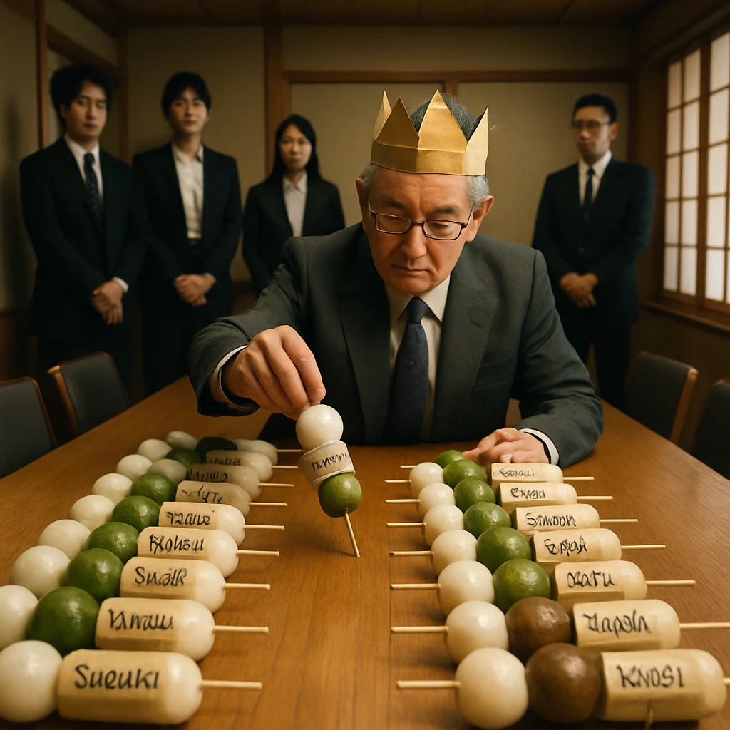 会議室の長テーブルに名前札が巻かれただんごの串が並び、社員たちがその様子を見守る様子。